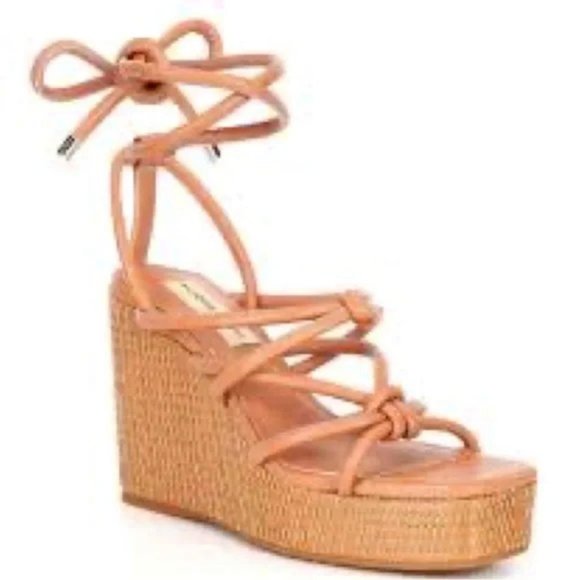 New ANTONIO MELANI Tan Leather Ankle Wrap Tie Gladiator Wedge Espadrille 9.5